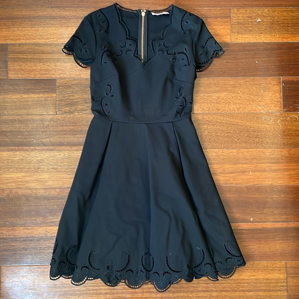Ted Baker London Saloane Skater Little Black Dress LBD Embroidered PocketsSize 2